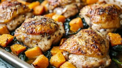 Roasted chicken thighs with butternut squash and spinach, vibrant health-focused meal generative ai