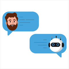 Chatbot talking to man modern vector. AI assistant conversation illustration for tech and service themes.