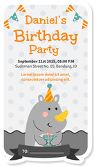 Watercolor birthday party cute animal rhino baby girl boy poster template card invitation