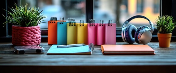 Inspiring Workspace Still Life with Colorful Notebooks, Headphones, and Plants