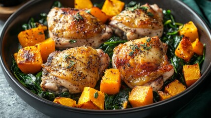 Roasted chicken thighs with butternut squash and spinach, vibrant health-focused meal generative ai