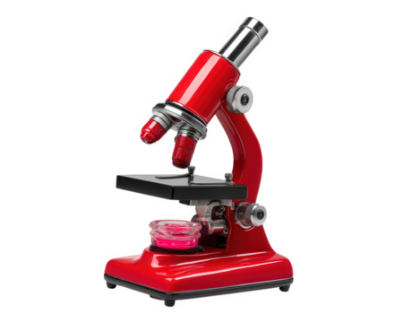 Modern red microscope with glass slide and focus knobs isolated on transparency background, scientific laboratory equipment for detailed observation and research