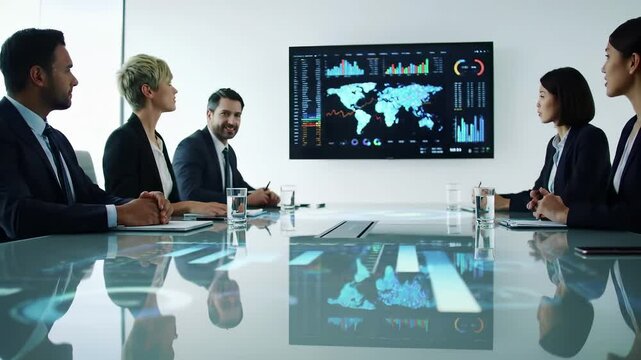 Corporate business meeting with professional team analyzing global data dashboard. Executive boardroom conference table with world map analytics, charts, graphs on digital screen for strategic