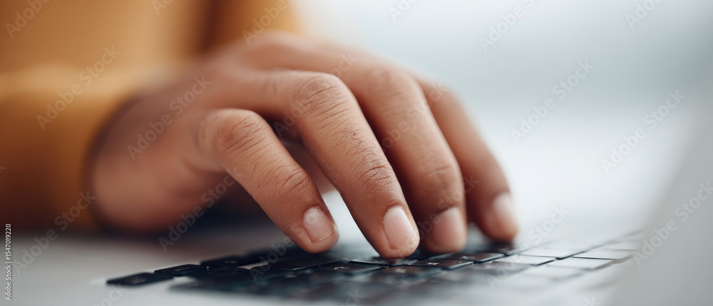 Poster typing action on laptop keyboard home office close-up image comfortable environment focused viewpoin