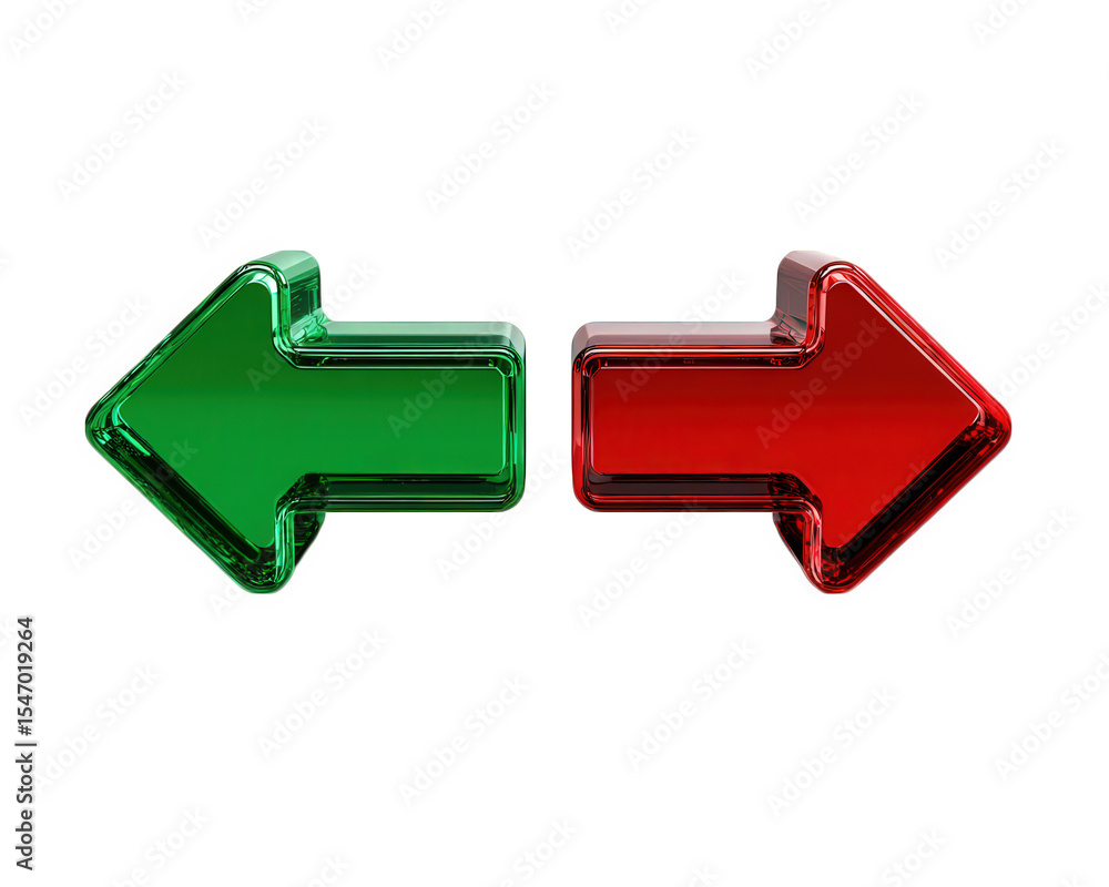 Aufkleber green left arrow and red right arrow with shiny glass effect isolated on transparency background, sy