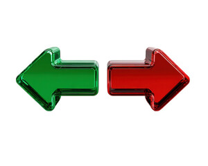 Green left arrow and red right arrow with shiny glass effect isolated on transparency background, symbolizing direction and choice with vibrant colors and glossy texture