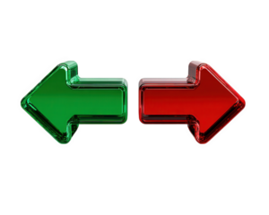 Green left arrow and red right arrow with shiny glass effect isolated on transparency background, symbolizing direction and choice with vibrant colors and glossy texture