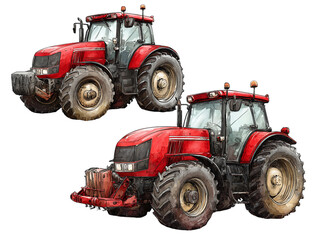 Obraz premium Detailed Illustration of Two Red Tractors on Transparent Background, PNG