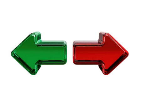 Green left arrow and red right arrow with shiny glass effect isolated on transparency background, symbolizing direction and choice with vibrant colors and glossy texture