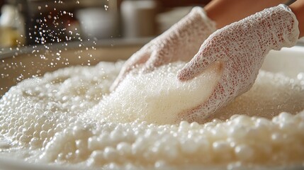 Fototapeta premium Delicate hands in textured gloves gently caress a mass of pristine white bubbles