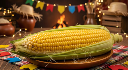 Brazilian boiled corn on the cob in husk at Festa Junina celebration
