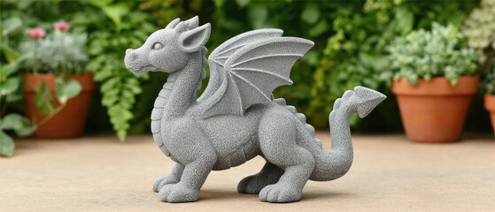 Fantasy dragon sculpture garden decorative art lush green environment close-up view whimsical concept for home decor inspiration