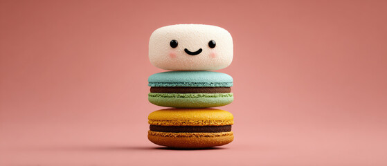 Delightful dessert stacking whimsical marshmallow and macarons sweet treats studio setup playful vibe close-up view fun culinary concept