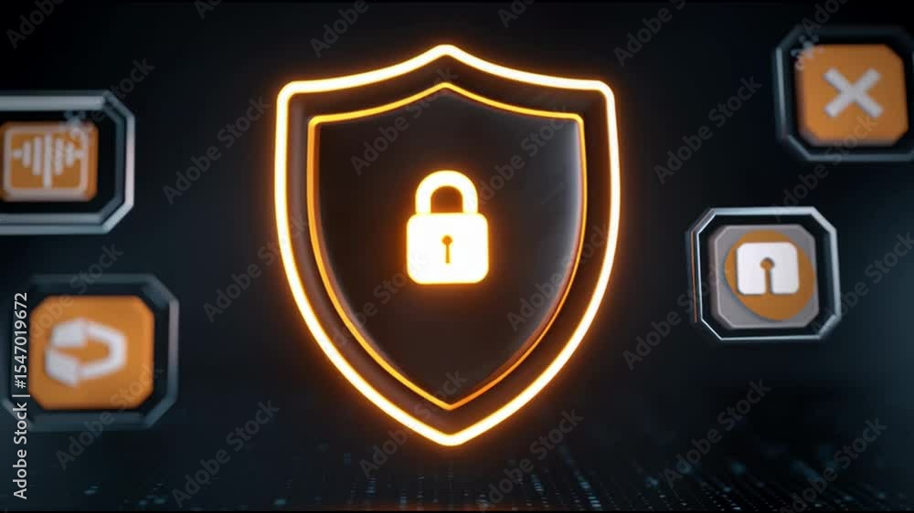 Poster glowing shield icon with lock symbol represents cybersecurity and data protection, emphasizing digit