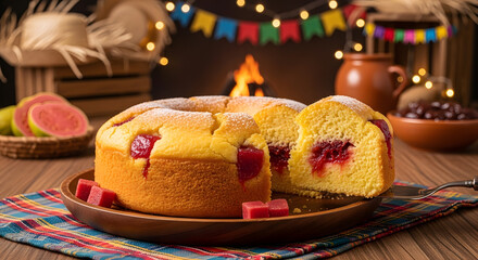 Brazilian cornmeal cake with guava paste (bolo de fub&aacute; com goiabada) at Festa Junina celebration
