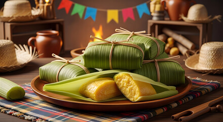 Brazilian sweet corn pamonha served at Festa Junina celebration
