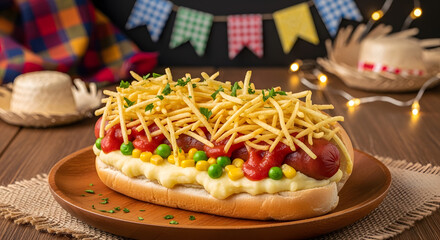 Brazilian hot dog with mashed potatoes served at traditional Festa Junina celebration
