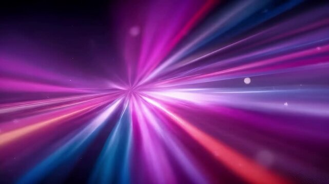 Abstract radial light burst with neon purple, pink, blue rays exploding from center. Dynamic speed motion effect with glowing particles. Futuristic digital energy tunnel concept for technology, cyber - Powered by Adobe