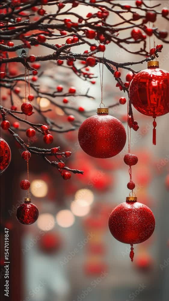 Poster a tree branch is decorated with red christmas ornaments. the ornaments are hanging from the tree and