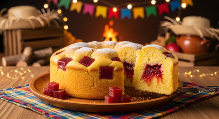 Brazilian cornmeal cake with guava paste (bolo de fubá com goiabada) at Festa Junina celebration
