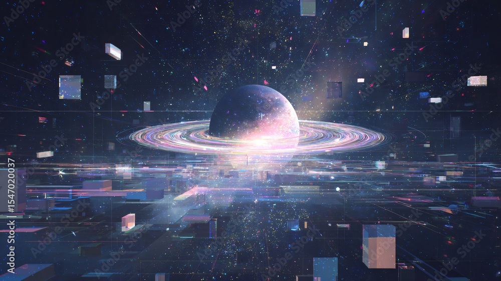 Poster a digital surreal space scene features a glitching planet and a ring system against a starry sky.