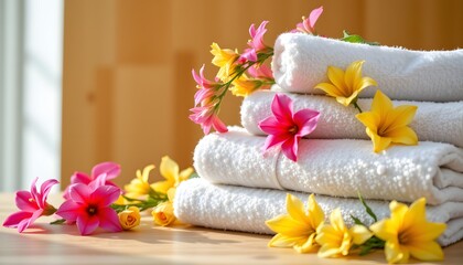 vibrant, dew kissed flowers cascade over pristine, folded towels arranged artfully on a warm, textured wooden background, a full body portrait, glimpsed as if through a hidden observers lens