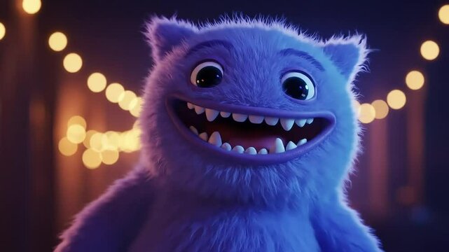 Smiling Fuzzy Blue Monster in Blue and Orange Night Lights