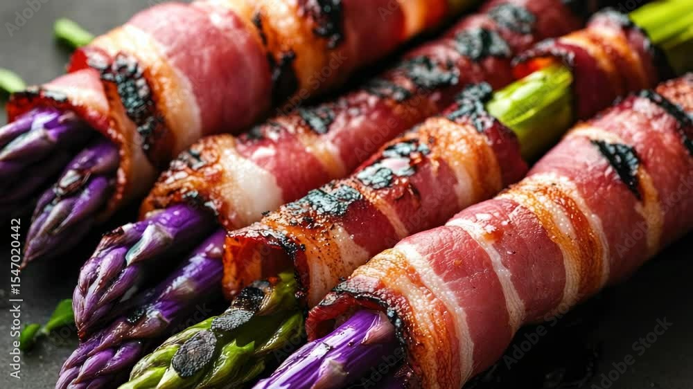 Poster a plate of bacon and asparagus is displayed on a black surface. the bacon is wrapped around the aspa