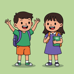 Happy school children boy and girl with backpacks and books vector illustration 