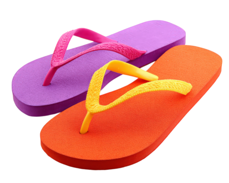 Colorful flip flop sandal pair isolated on transparency background, featuring vibrant purple and orange foam soles with textured yellow and pink straps, casual summer footwear