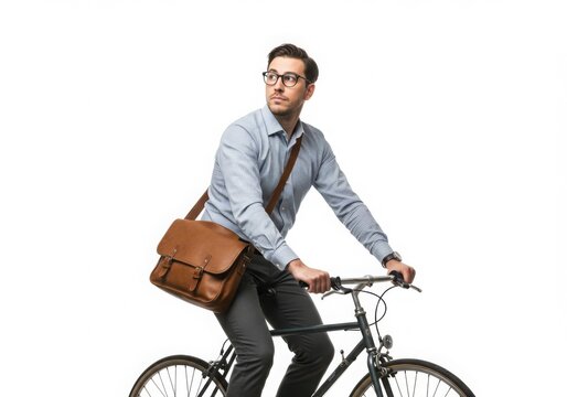 Man rides bicycle with satchel looking back isolated on white background