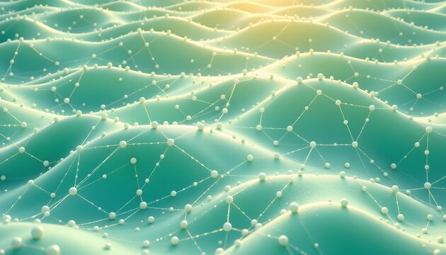 undulating waves, creating a smoothed sea of hills and hollows, exuberant retro style, viewed from an aerial perspective, mint green hues bathed in a soft sunbeam