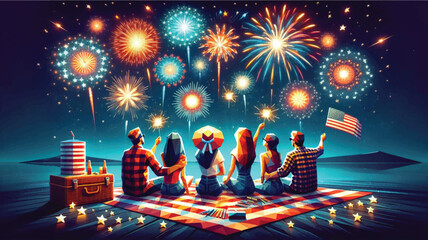 Independence Day, A group of friends sitting on a picnic blanket, watching a stunning firework