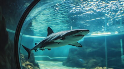 Fototapeta premium Shark in a curved tank with no exit, symbolic of cycles and repeated failure generative ai