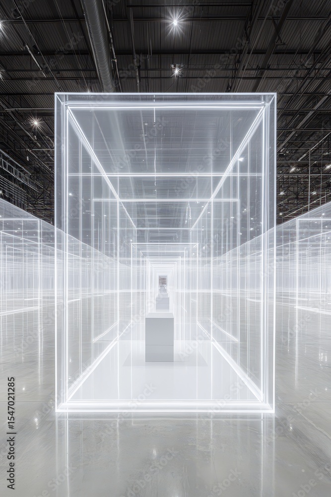 Poster transparent illuminated cubes create a gallery space.
