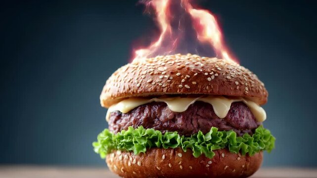 Explosive burger with lightning bolt effects. Gourmet hamburger with sesame bun, beef patty, cheese, and lettuce features electric energy concept for dynamic food advertising and culinary.