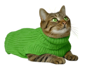 Tabby cat wearing green sweater cozy and relaxed isolated on transparency background adorable pet fashion comfortable clothing cute animal portrait soft fur bright eyes