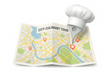 Folded paper city culinary tour map with chef hat location pin pointing restaurants on transparent background