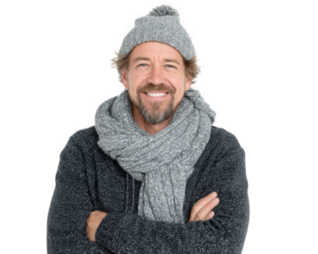 Smiling man wearing gray knit hat and thick scarf, cozy winter clothing, isolated on transparency background, casual style, cheerful expression, middle aged male - Powered by Adobe