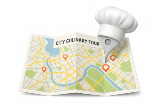 Folded paper city culinary tour map with chef hat location pin pointing restaurants on transparent background