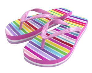 Colorful striped flip flop sandal pair with pink straps, isolated on transparency background, summer footwear, cheerful and casual style, perfect for beach or poolside relaxation