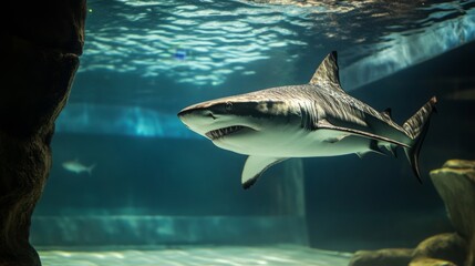 Fototapeta premium Shark in a pristine tank with no water flow, symbolism of no progress or evolution generative ai