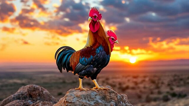 rooster crows at sunrise on hilltop showing vibrant colors of dawn sky nature wildlife landscape
