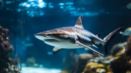 Fototapeta premium Shark in a pristine tank with no water flow, symbolism of no progress or evolution generative ai
