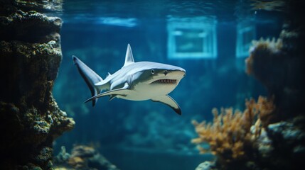 Shark staring outward from a small tank, concept of frustration, unfulfilled potential generative ai