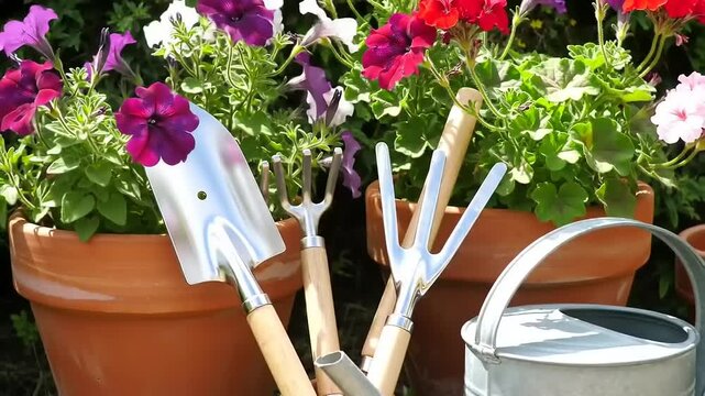 Gardening tools including a trowel and fork positioned among vibrant flowers in terracotta pots