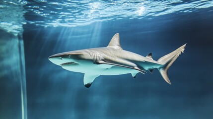 Shark swimming calmly but aimlessly inside a sterile tank, artistic metaphor for stagnation generative ai