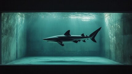 Shark swimming calmly but aimlessly inside a sterile tank, artistic metaphor for stagnation generative ai