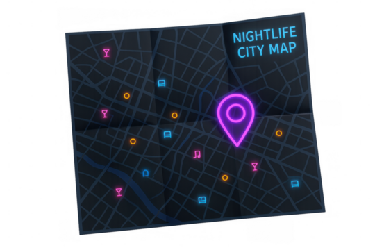 Folded paper map showing nightlife locations with glowing neon icons and location pin, on transparent background - Powered by Adobe