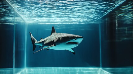 Shark swimming calmly but aimlessly inside a sterile tank, artistic metaphor for stagnation generative ai